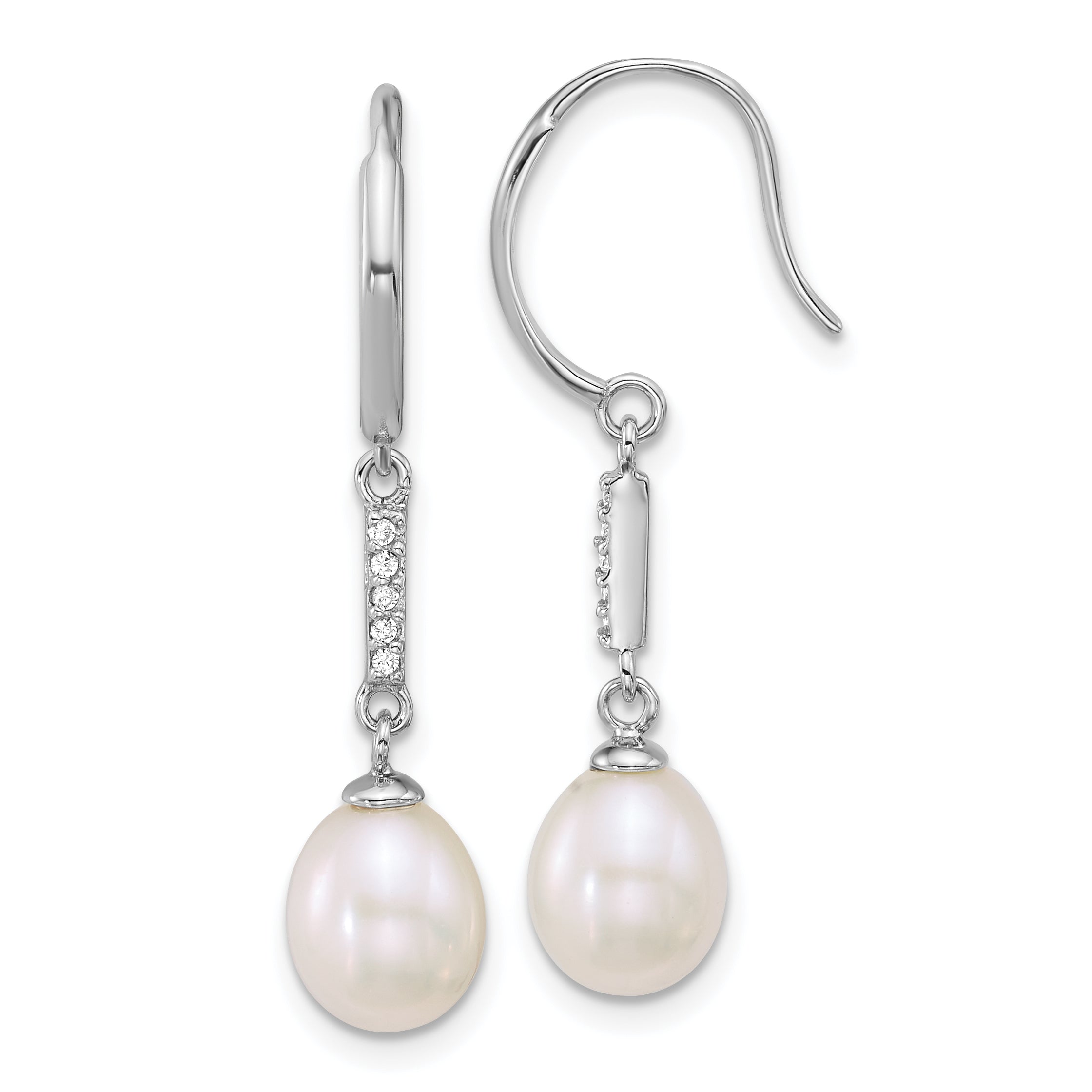 Sterling Silver Rhodium-plated 6-8mm Teardrop White Freshwater Cultured Pearl and CZ Dangle Shepherd Hook Earrings Main image