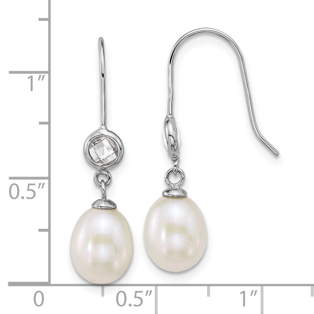 Sterling Silver Rhodium-plated 6-7mm Rice White Freshwater Cultured Pearl and Glass Stone Dangle Shepherd Hook Earrings