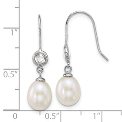 Sterling Silver Rhodium-plated 6-7mm Rice White Freshwater Cultured Pearl and Glass Stone Dangle Shepherd Hook Earrings
