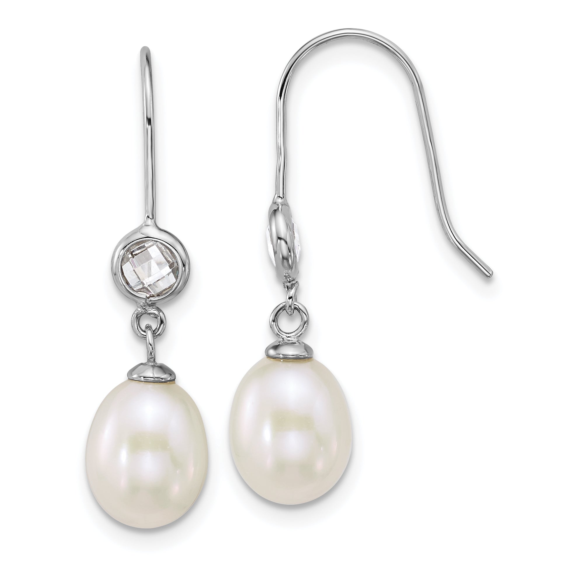 Sterling Silver Rhodium-plated 6-7mm Rice White Freshwater Cultured Pearl and Glass Stone Dangle Shepherd Hook Earrings Main image