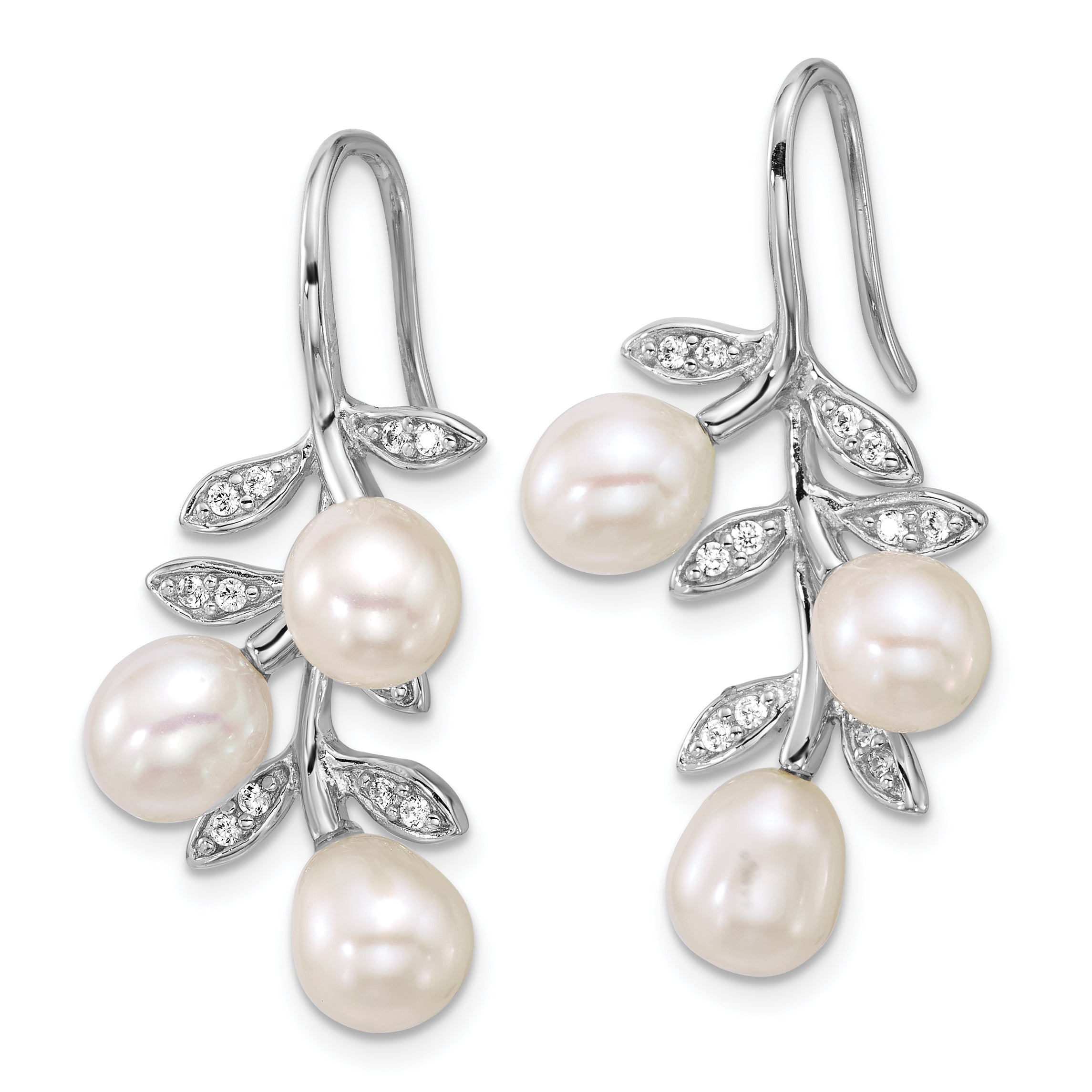 Sterling Silver Rhodium-plated 6-8mm Rice White Freshwater Cultured Pearland  CZ Leaf Dangle Shepherd Hook Earrings