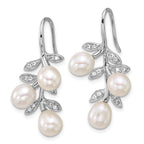 Sterling Silver Rhodium-plated 6-8mm Rice White Freshwater Cultured Pearland  CZ Leaf Dangle Shepherd Hook Earrings