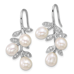 Sterling Silver Rhodium-plated 6-8mm Rice White Freshwater Cultured Pearland  CZ Leaf Dangle Shepherd Hook Earrings