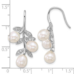 Sterling Silver Rhodium-plated 6-8mm Rice White Freshwater Cultured Pearland  CZ Leaf Dangle Shepherd Hook Earrings