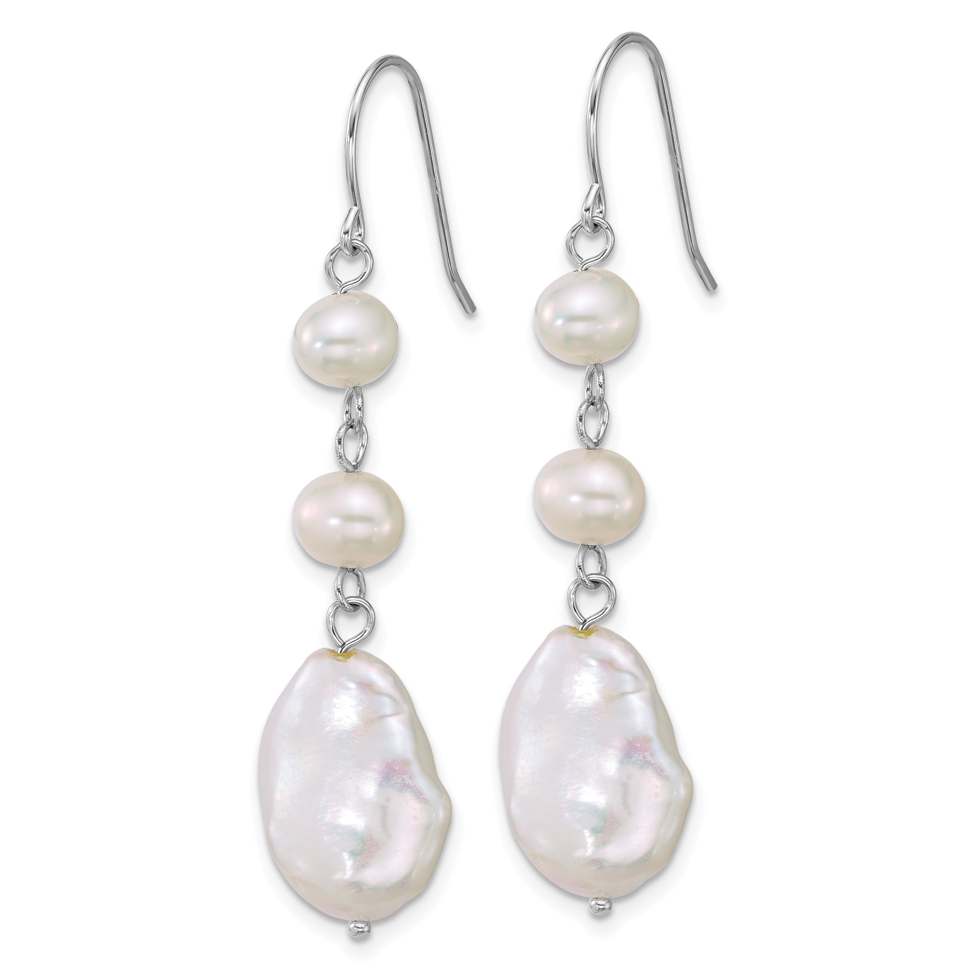 Sterling Silver Rhodium-plated 6-7mm Round and 11-12mm Keshi White Freshwater Cultured Pearl Dangle Shepherd Hook Earrings Secondary image