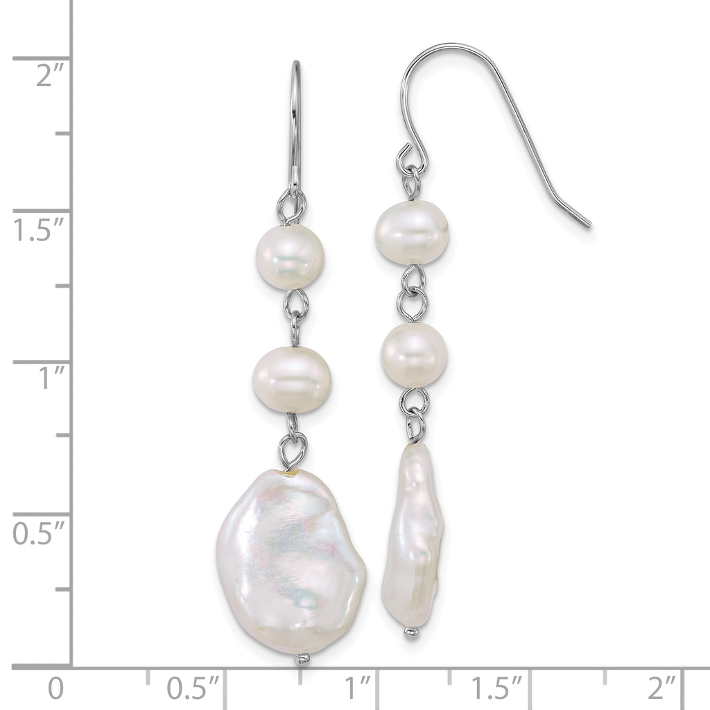 Sterling Silver Rhodium-plated 6-7mm Round and 11-12mm Keshi White Freshwater Cultured Pearl Dangle Shepherd Hook Earrings