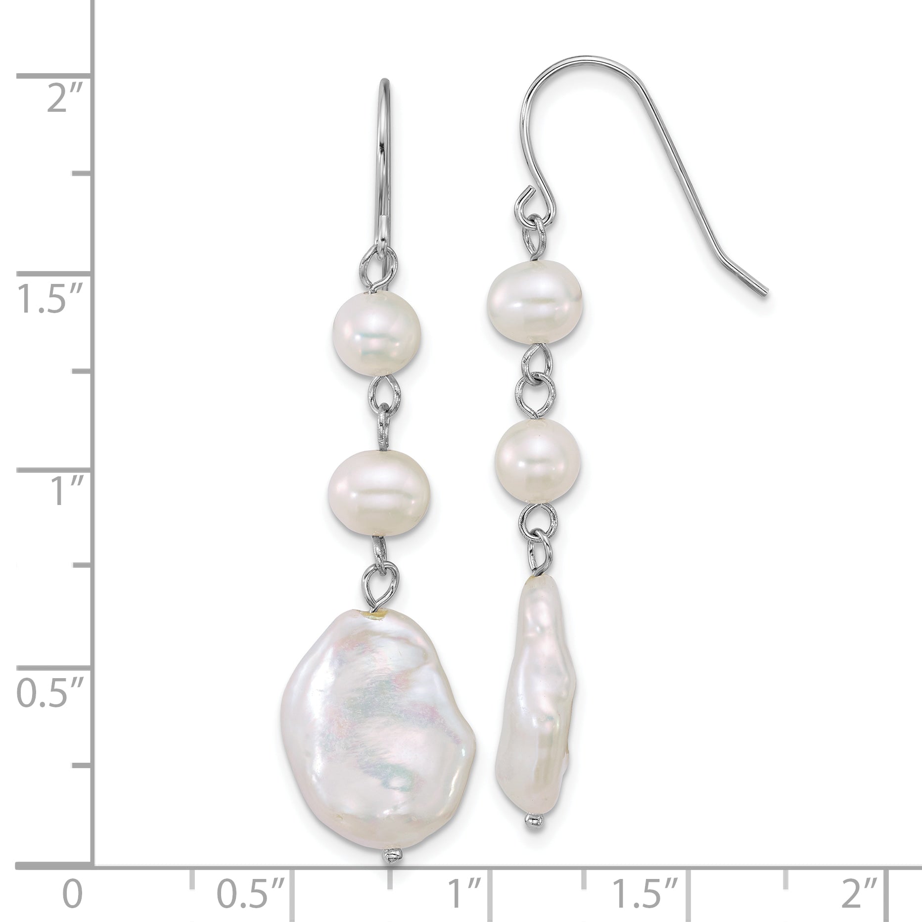 Sterling Silver Rhodium-plated 6-7mm Round and 11-12mm Keshi White Freshwater Cultured Pearl Dangle Shepherd Hook Earrings