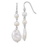 Sterling Silver Rhodium-plated 6-7mm Round and 11-12mm Keshi White Freshwater Cultured Pearl Dangle Shepherd Hook Earrings