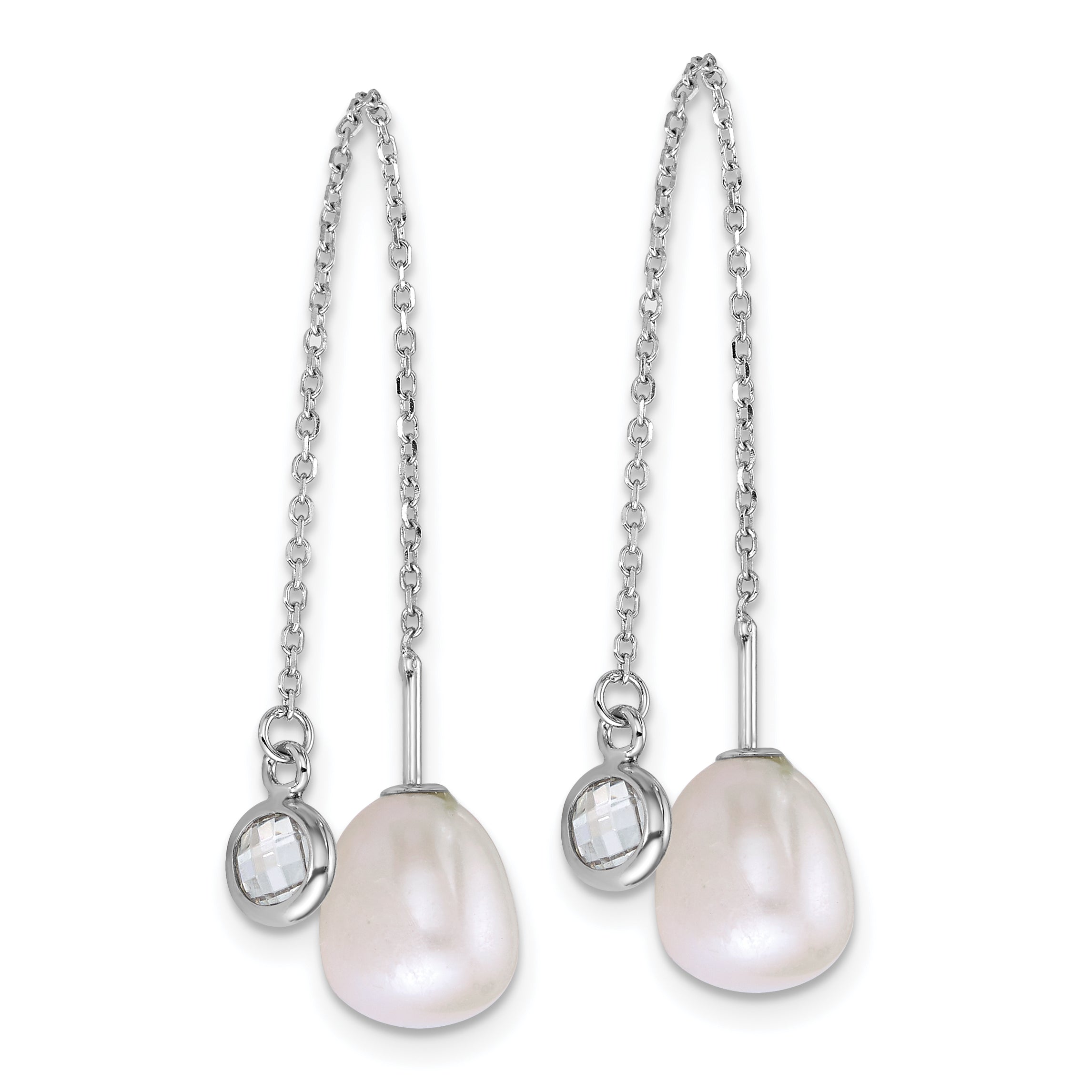 Sterling Silver Rhodium-plated 6-8mm Teardrop White Freshwater Cultured Pearl and Glass Stone Threader Earrings