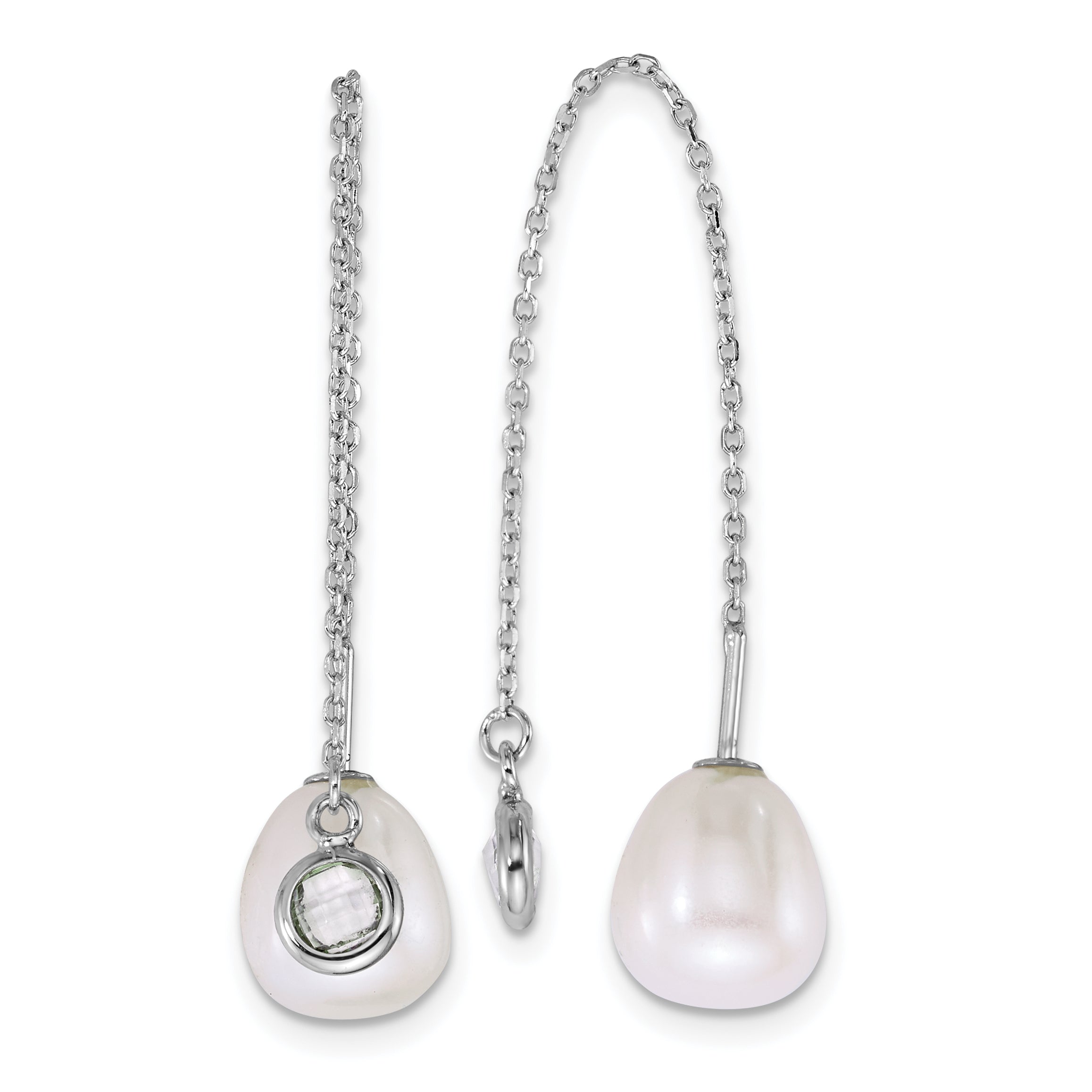 Sterling Silver Rhodium-plated 6-8mm Teardrop White Freshwater Cultured Pearl and Glass Stone Threader Earrings Main image