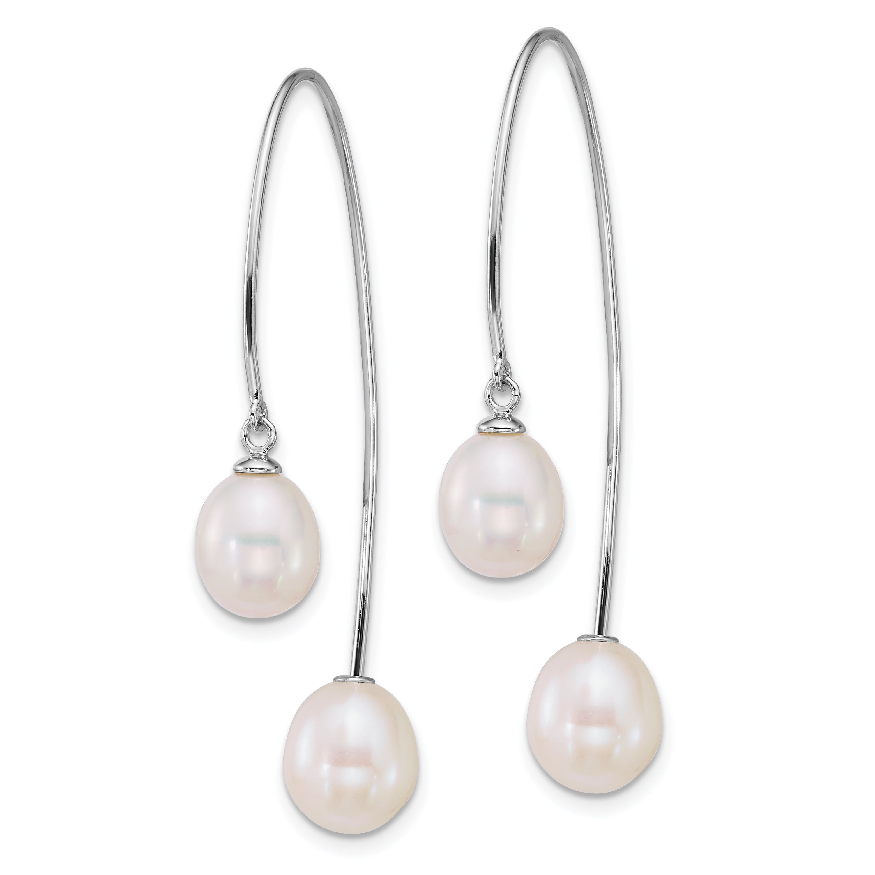 Sterling Silver Rhodium-plated 6-8mm and 8-9mm Teardrop White Freshwater Cultured Pearl Front and Back Threader Earrings