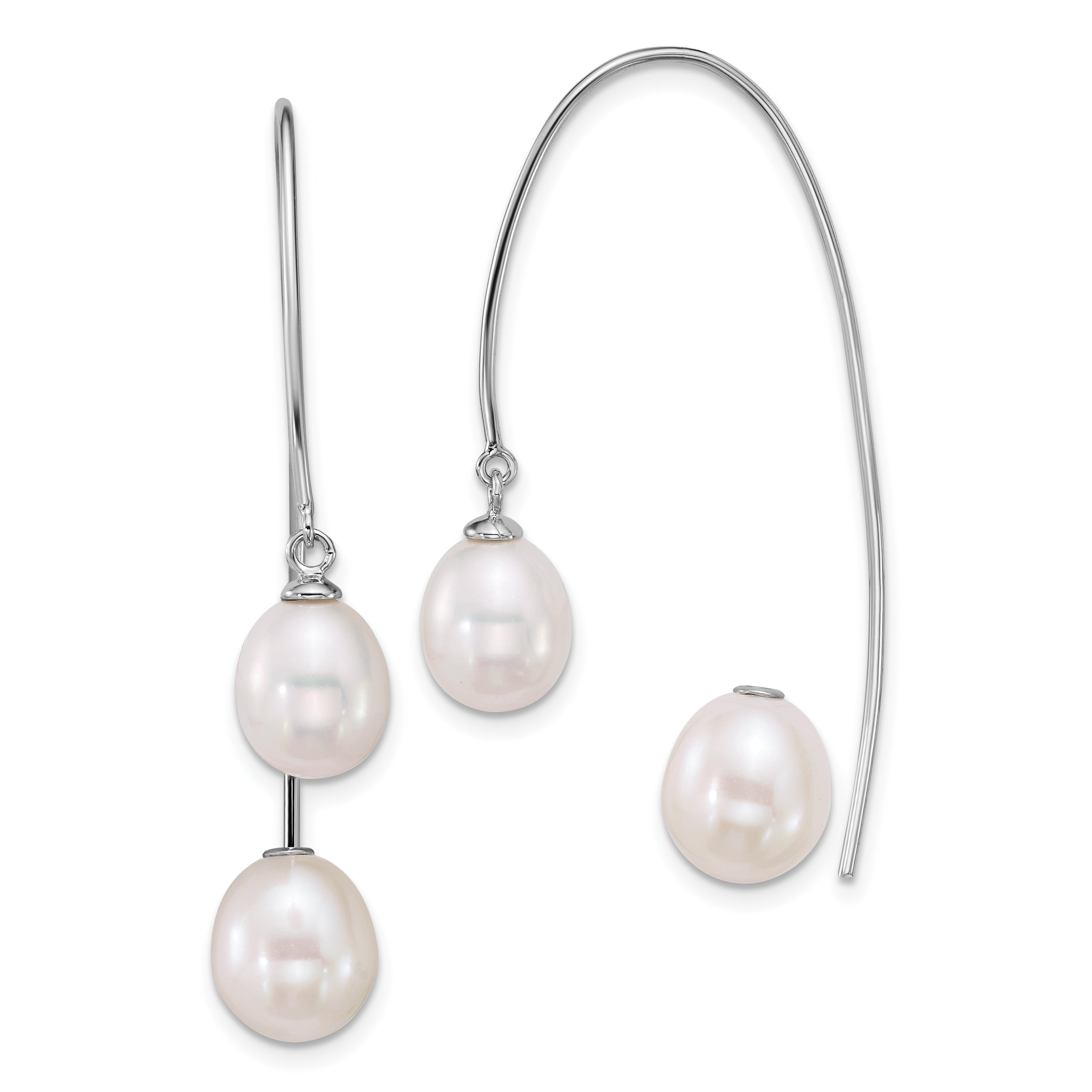 Sterling Silver Rhodium-plated 6-8mm and 8-9mm Teardrop White Freshwater Cultured Pearl Front and Back Threader Earrings