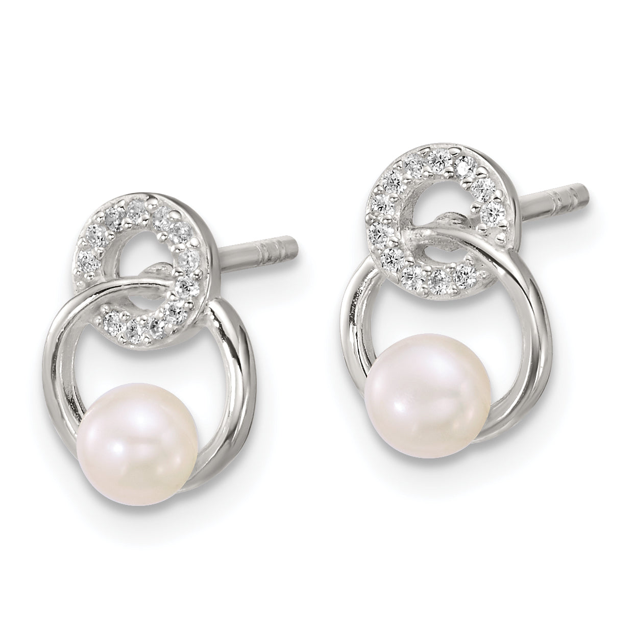 Sterling Silver Polished CZ Circles with 4-5mm Imitation Button Pearl Post Earrings Secondary image