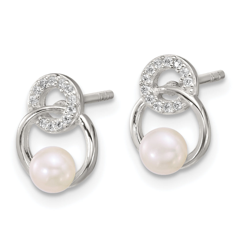 Sterling Silver Polished CZ Circles with 4-5mm Imitation Button Pearl Post Earrings