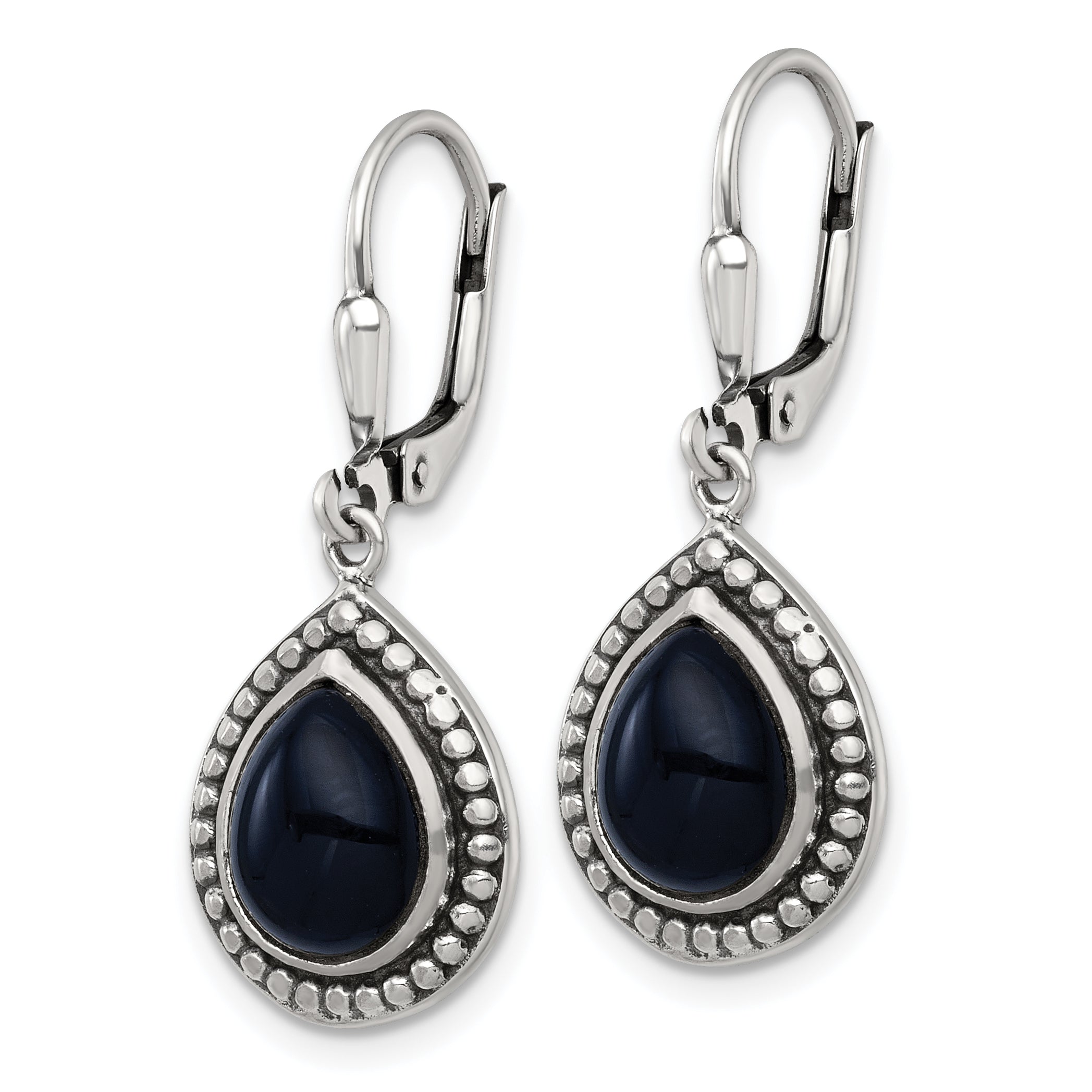 Sterling Silver Antiqued Onyx Teardrop Cabochon Leverback Dangle Earrings Secondary image