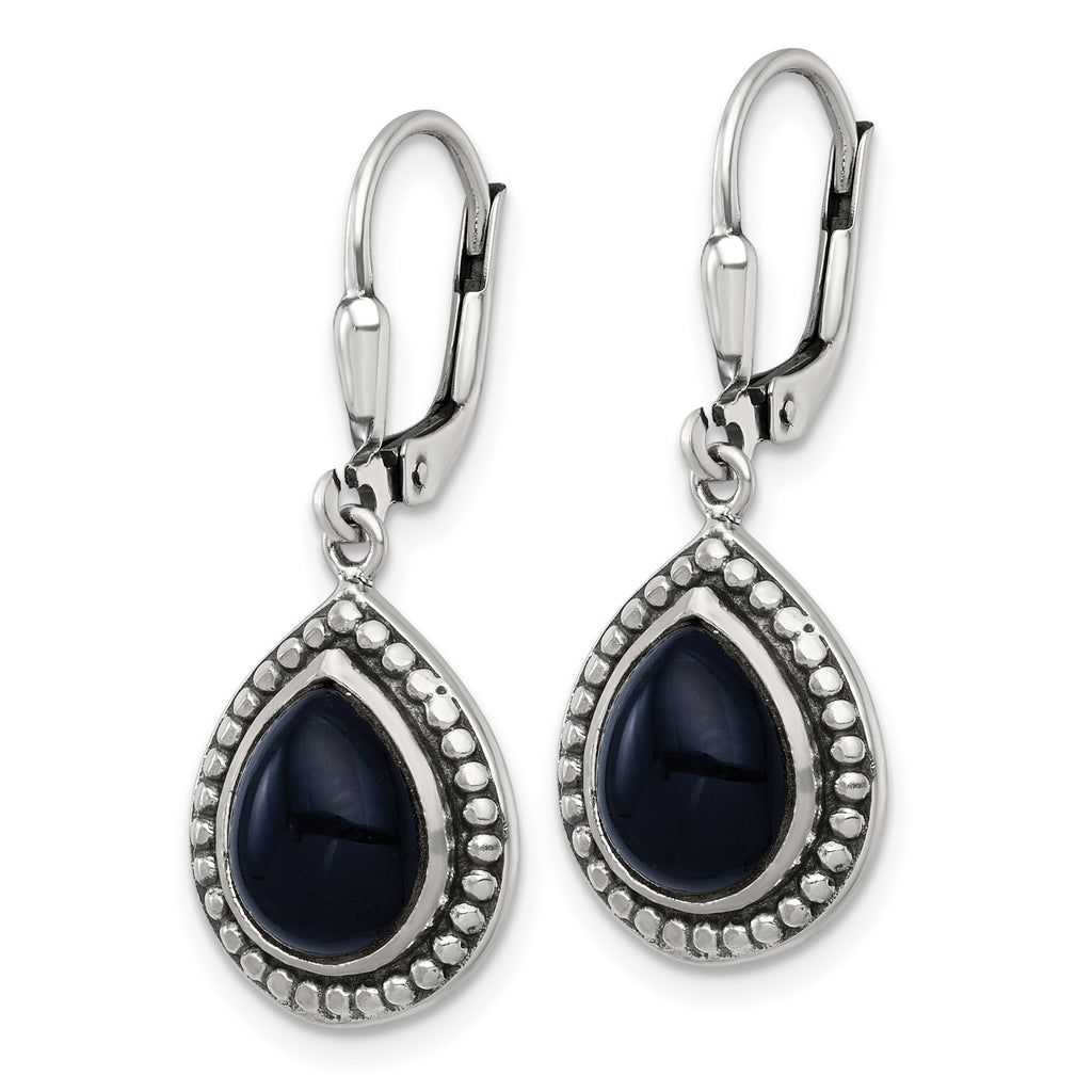 Sterling Silver Antiqued Onyx Teardrop Cabochon Leverback Dangle Earrings