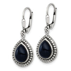 Sterling Silver Antiqued Onyx Teardrop Cabochon Leverback Dangle Earrings