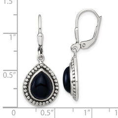 Sterling Silver Antiqued Onyx Teardrop Cabochon Leverback Dangle Earrings