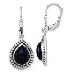 Sterling Silver Antiqued Onyx Teardrop Cabochon Leverback Dangle Earrings