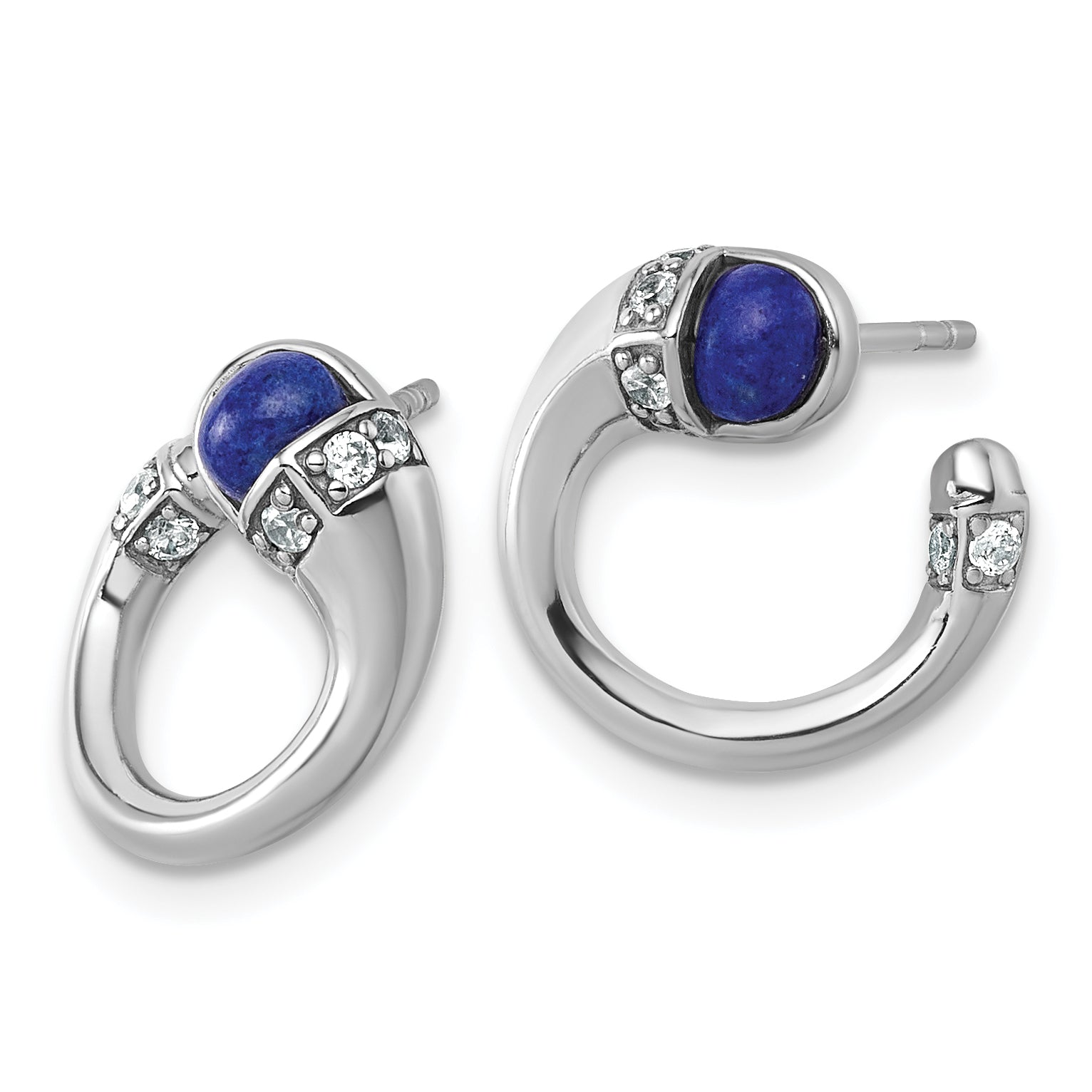 Sterling Silver Rhodium-plated Polished CZ and Lapis Cabochon Cuff Post Earrings Secondary image