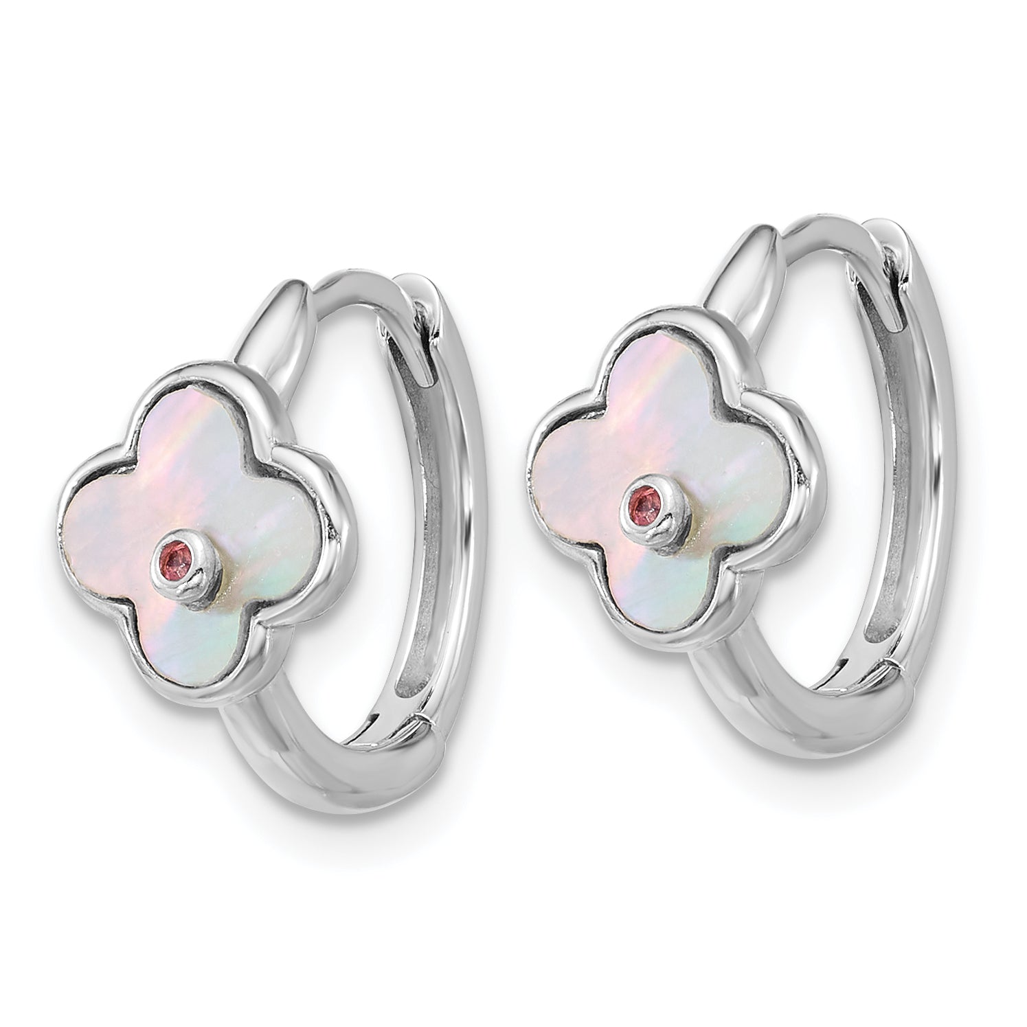 Sterling Silver Rhodium-plated Mother of Pearl and Pink CZ Flower Hinged Hoop Earrings