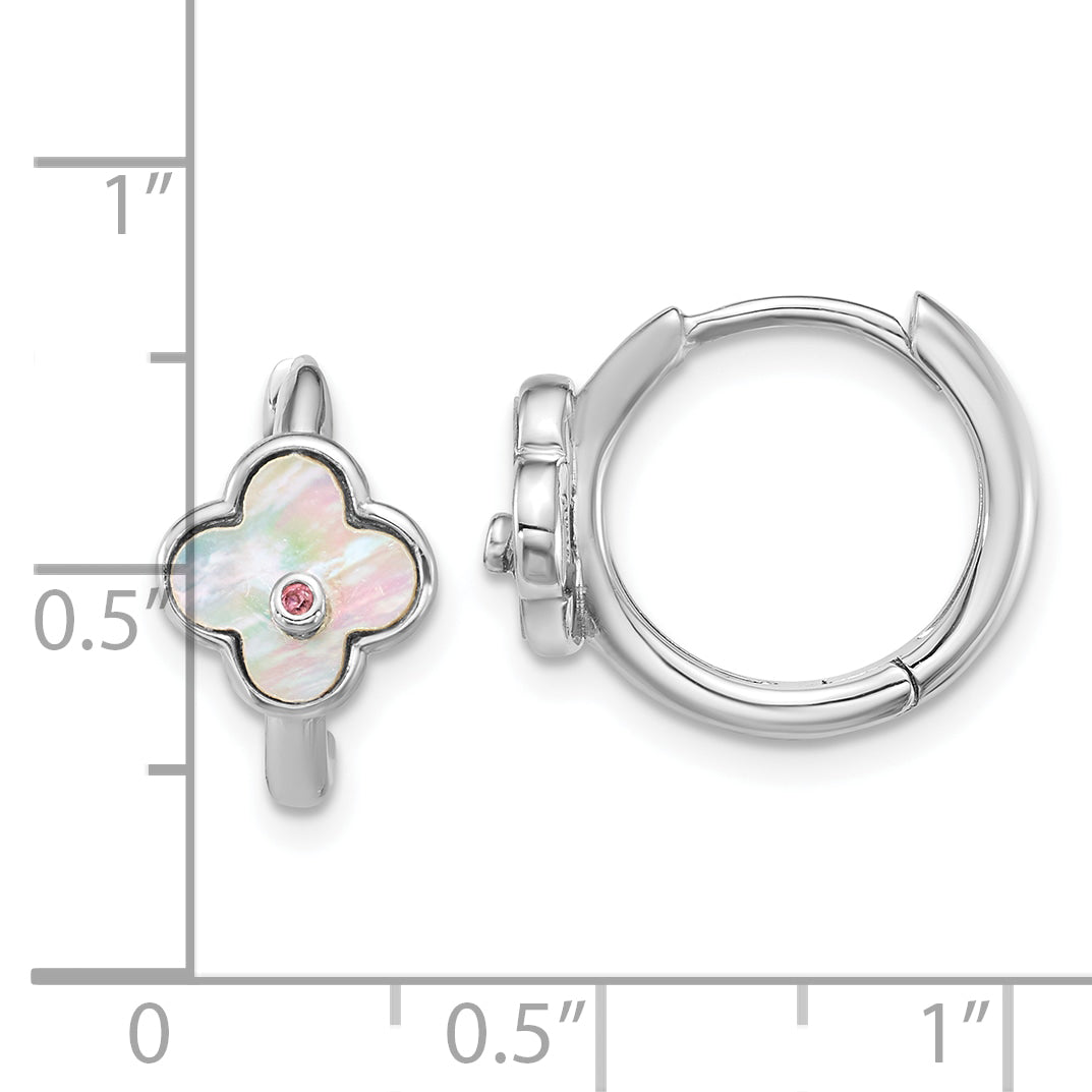 Sterling Silver Rhodium-plated Mother of Pearl and Pink CZ Flower Hinged Hoop Earrings