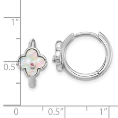 Sterling Silver Rhodium-plated Mother of Pearl and Pink CZ Flower Hinged Hoop Earrings