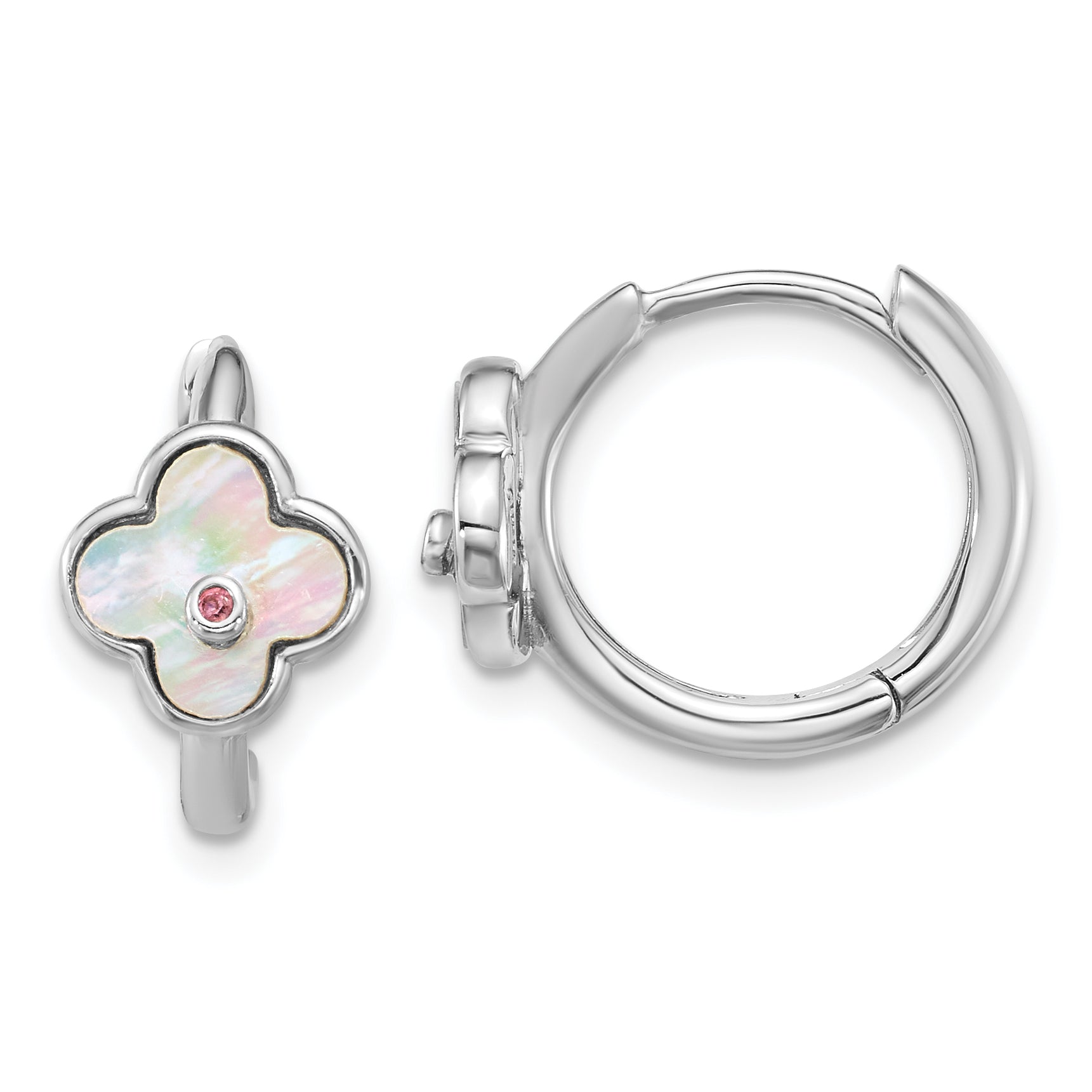 Sterling Silver Rhodium-plated Mother of Pearl and Pink CZ Flower Hinged Hoop Earrings