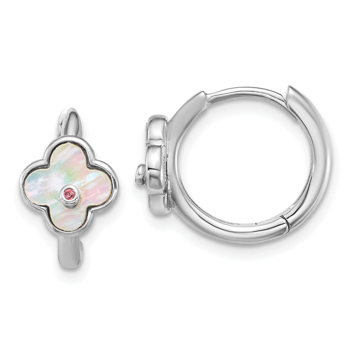 Sterling Silver Rhodium-plated Mother of Pearl and Pink CZ Flower Hinged Hoop Earrings