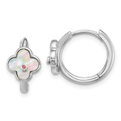Sterling Silver Rhodium-plated Mother of Pearl and Pink CZ Flower Hinged Hoop Earrings