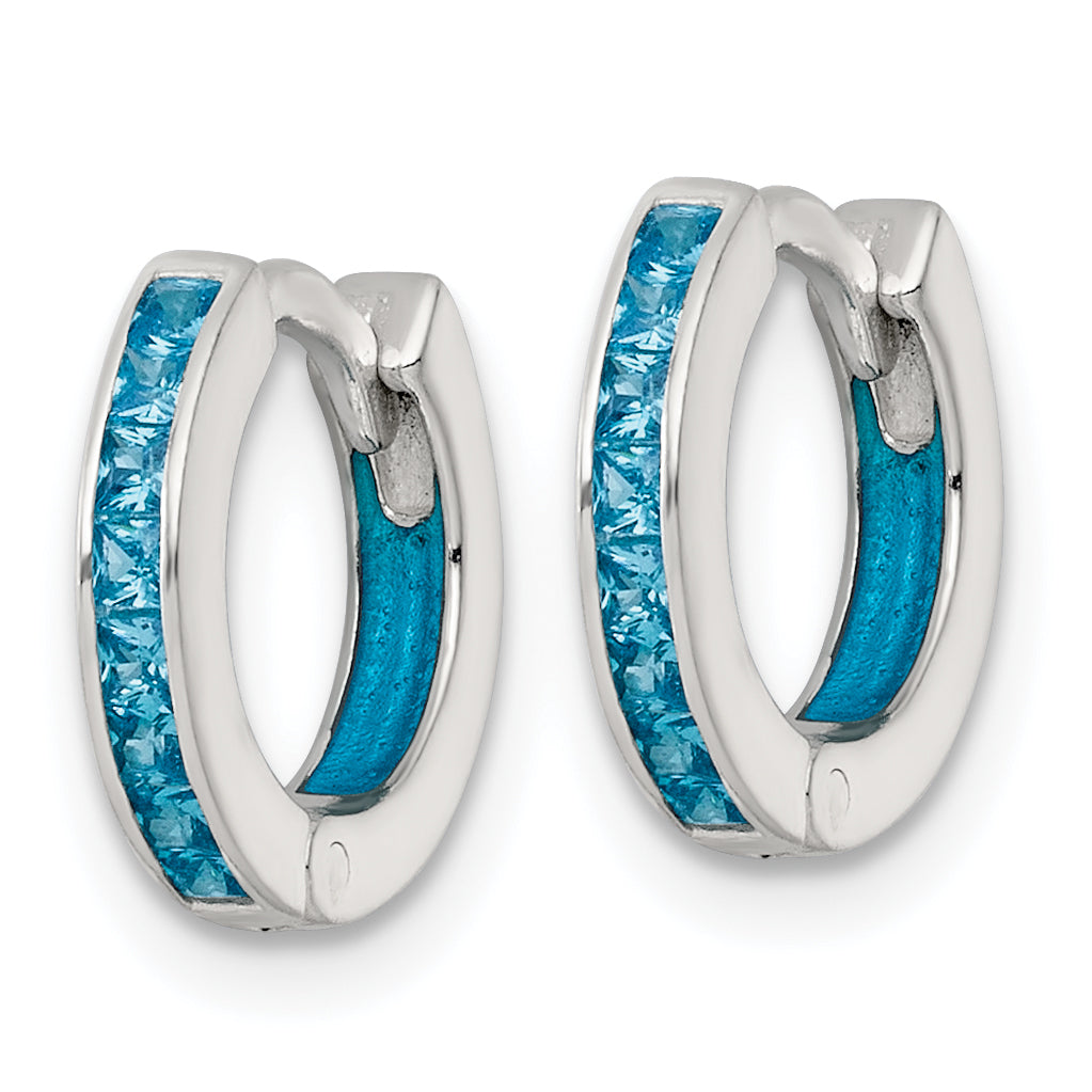 Sterling Silver Polished Blue CZ and Blue Enamel In and Out 13mm Hinged Round Hoop Earrings Secondary image