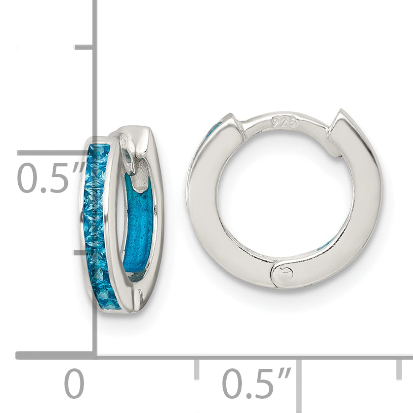 Sterling Silver Polished Blue CZ and Blue Enamel In and Out 13mm Hinged Round Hoop Earrings