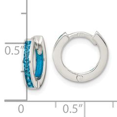Sterling Silver Polished Blue CZ and Blue Enamel In and Out 13mm Hinged Round Hoop Earrings