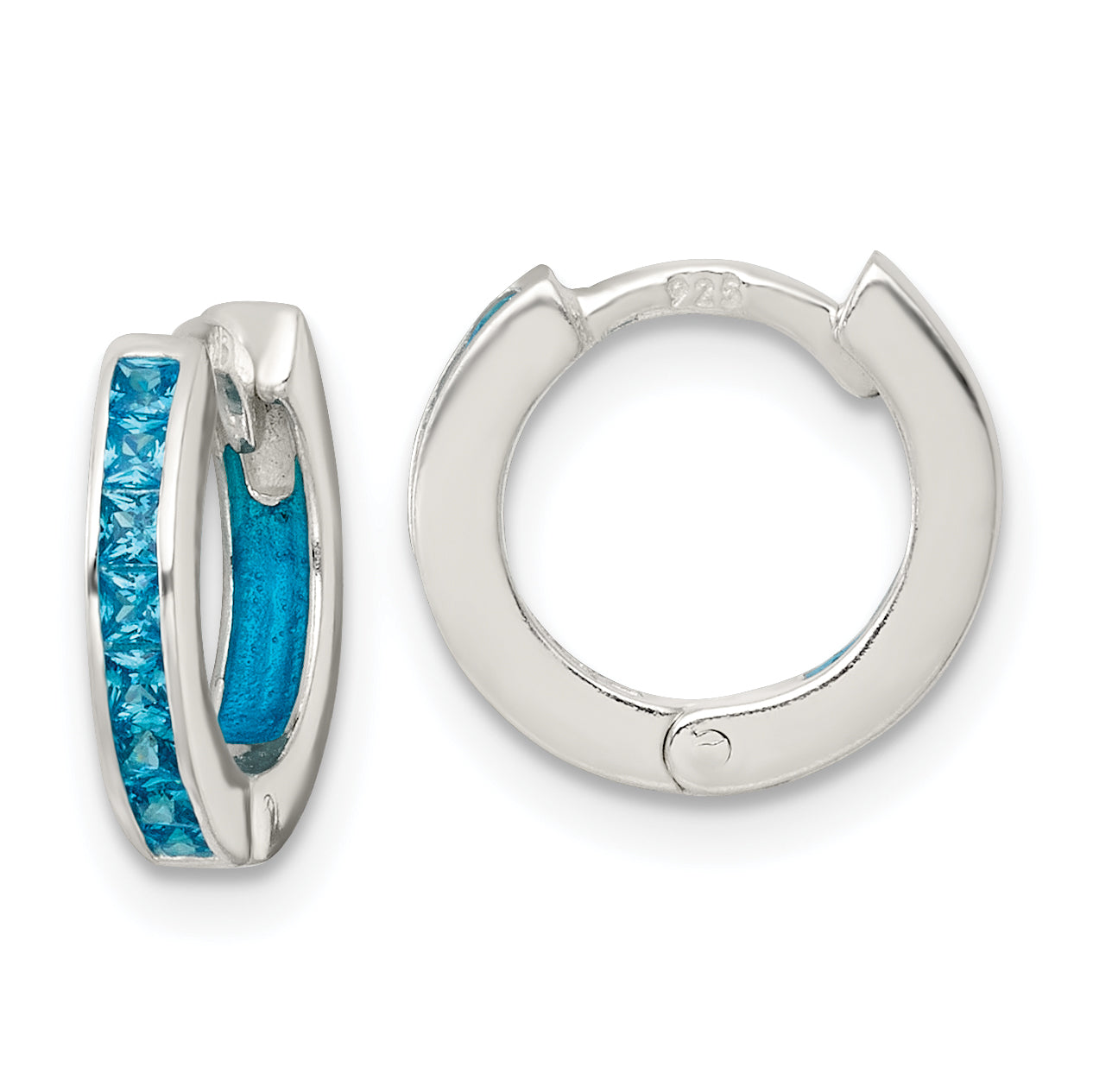 Sterling Silver Polished Blue CZ and Blue Enamel In and Out 13mm Hinged Round Hoop Earrings Main image