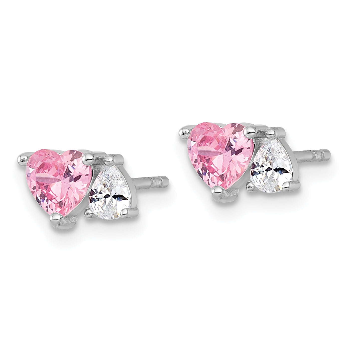 Sterling Silver Rhodium-plated Polished Heart Pink and White Pear CZ Post Earrings Secondary image