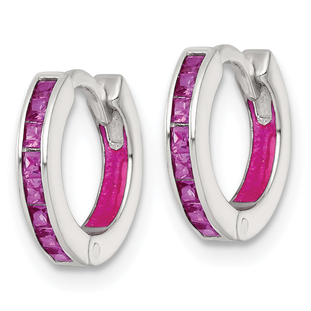 Sterling Silver Polished Pink CZ and Pink Enamel In and Out 13mm Hinged Round Hoop Earrings Secondary image