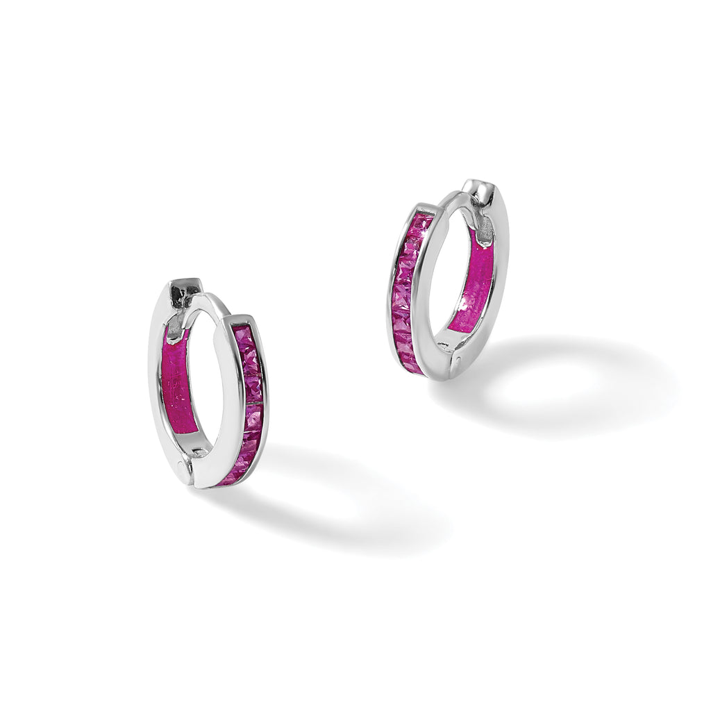 Round Pink Cubic Zirconia Out Hoop Earrings in Sterling Silver, 12mm Hinged - Sophia Jewelers