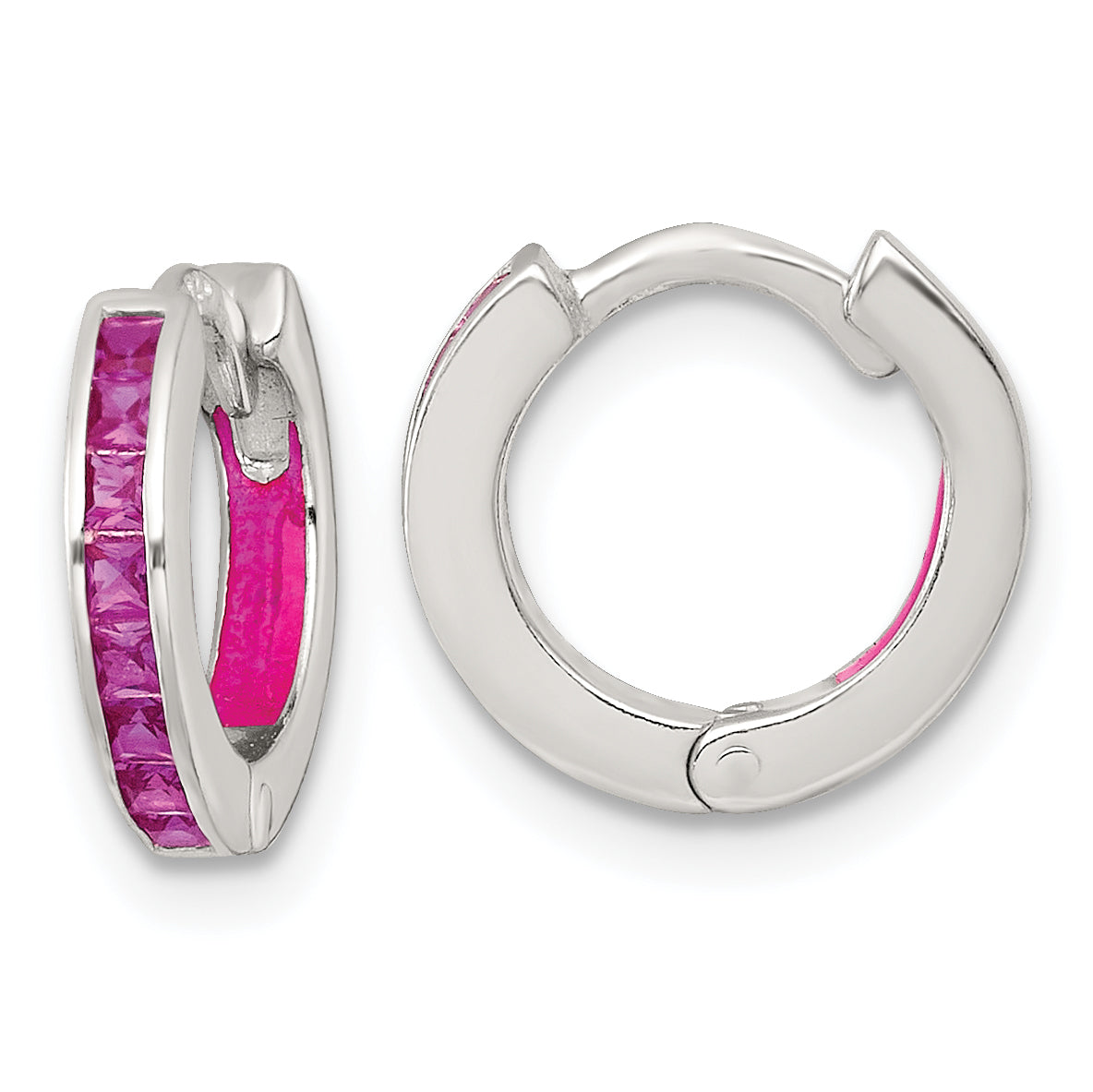 Sterling Silver Polished Pink CZ and Pink Enamel In and Out 13mm Hinged Round Hoop Earrings Main image