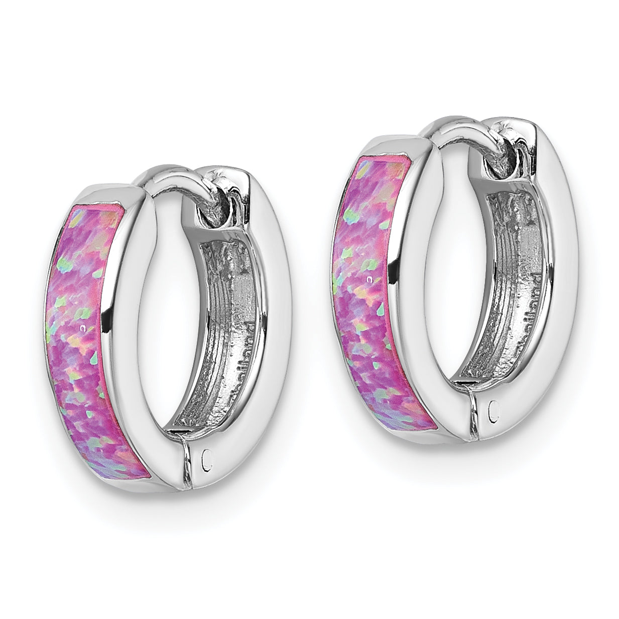 Sterling Silver Rhodium-plated Polished 3.25mm x 12mm Pink Lab Created Opal Hinged Hoop Earrings