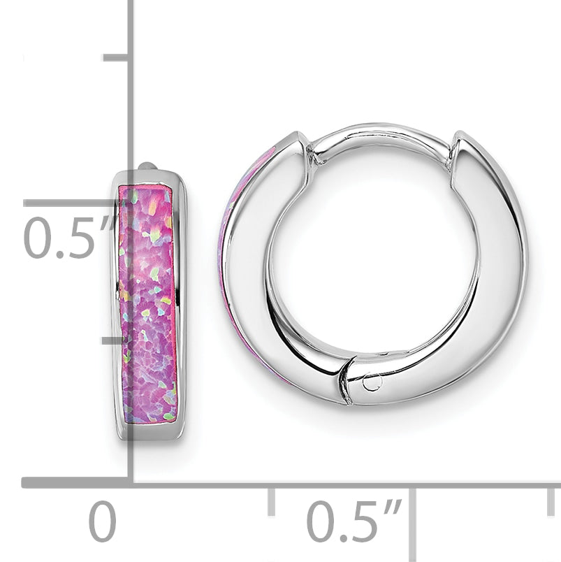 Sterling Silver Rhodium-plated Polished 3.25mm x 12mm Pink Lab Created Opal Hinged Hoop Earrings