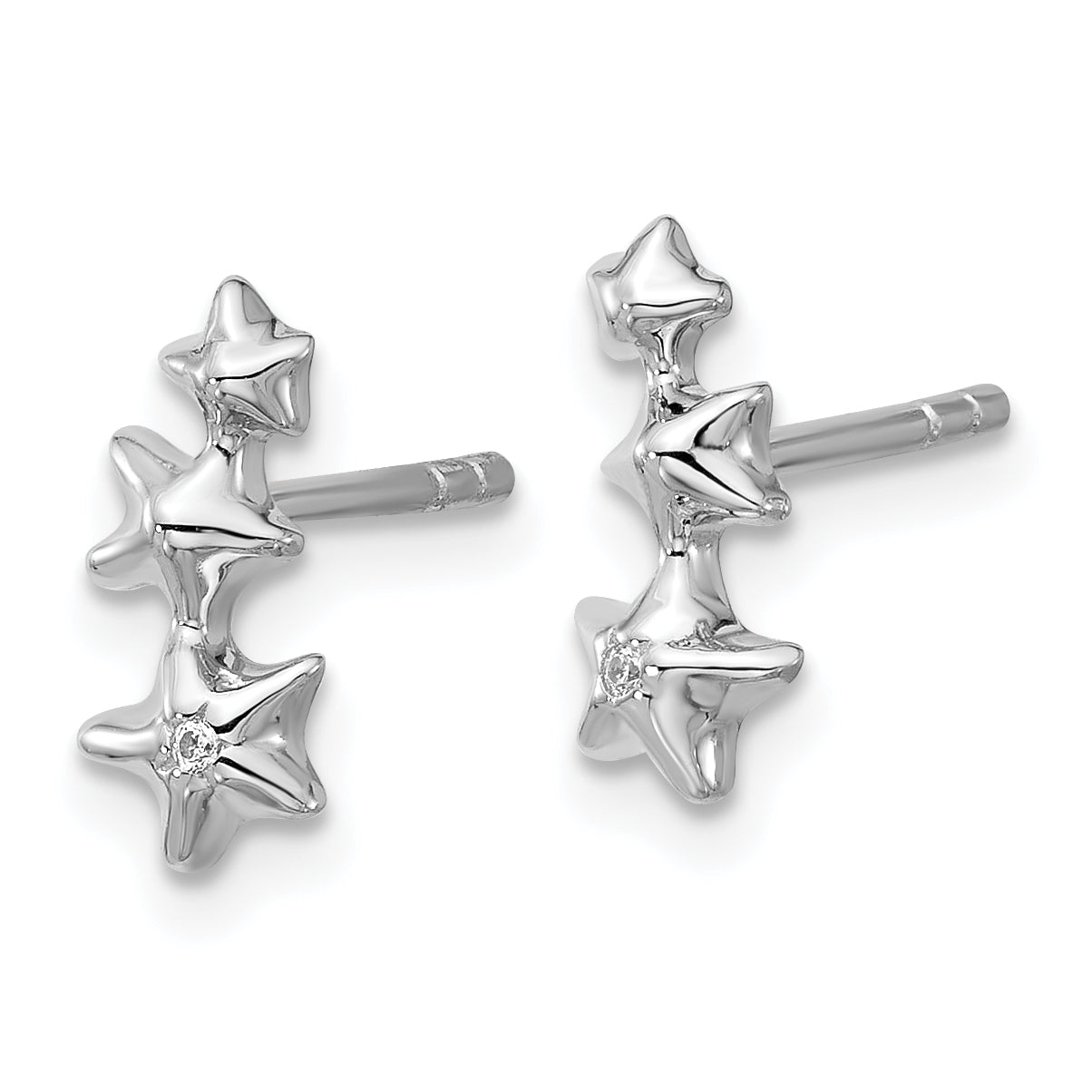 Sterling Silver Rhodium-plated CZ Polished Three Stars Post Earrings Secondary image