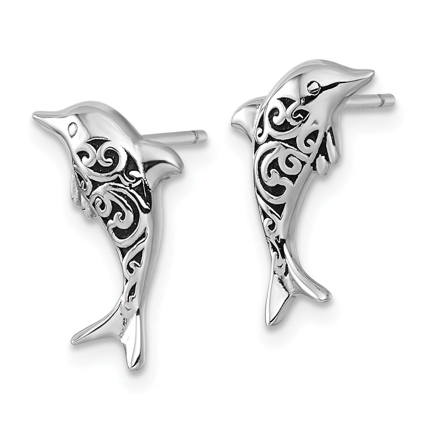 Sterling Silver Rhodium-plated Polished and Oxidized Filigree Dolphin Post Earrings Secondary image