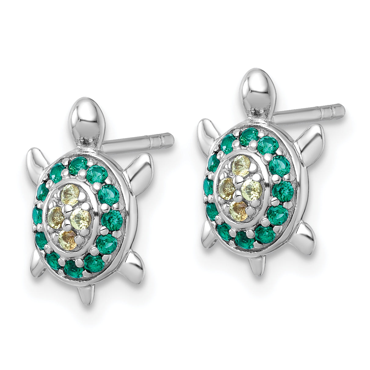 Sterling Silver Rhodium-plated Polished Green And Yellow Nano Crystals Turtle Post Earrings