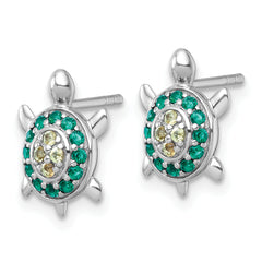 Sterling Silver Rhodium-plated Polished Green And Yellow Nano Crystals Turtle Post Earrings