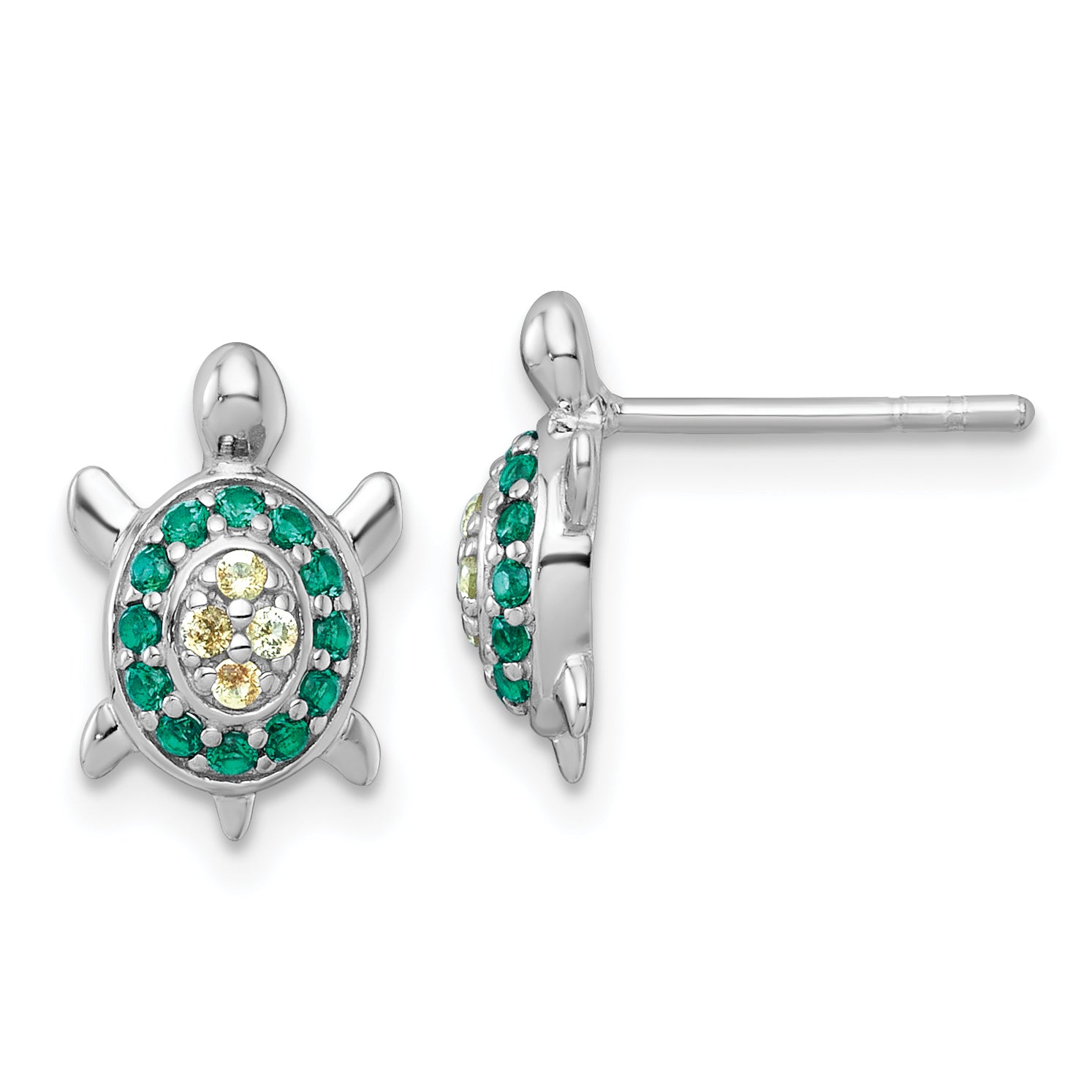 Sterling Silver Rhodium-plated Polished Green And Yellow Nano Crystals Turtle Post Earrings Main image