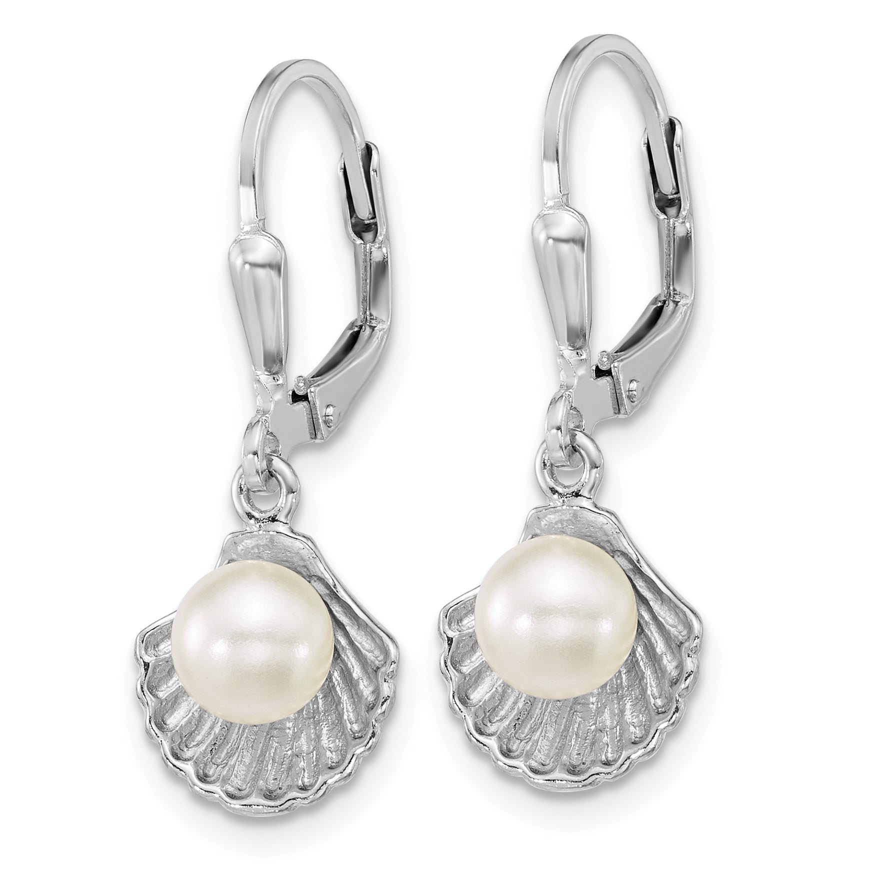 Sterling Silver Rhodium-plated Polished Sea Shell and Acrylic Pearl Leverback Earrings