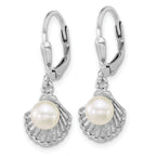 Sterling Silver Rhodium-plated Polished Sea Shell and Acrylic Pearl Leverback Earrings