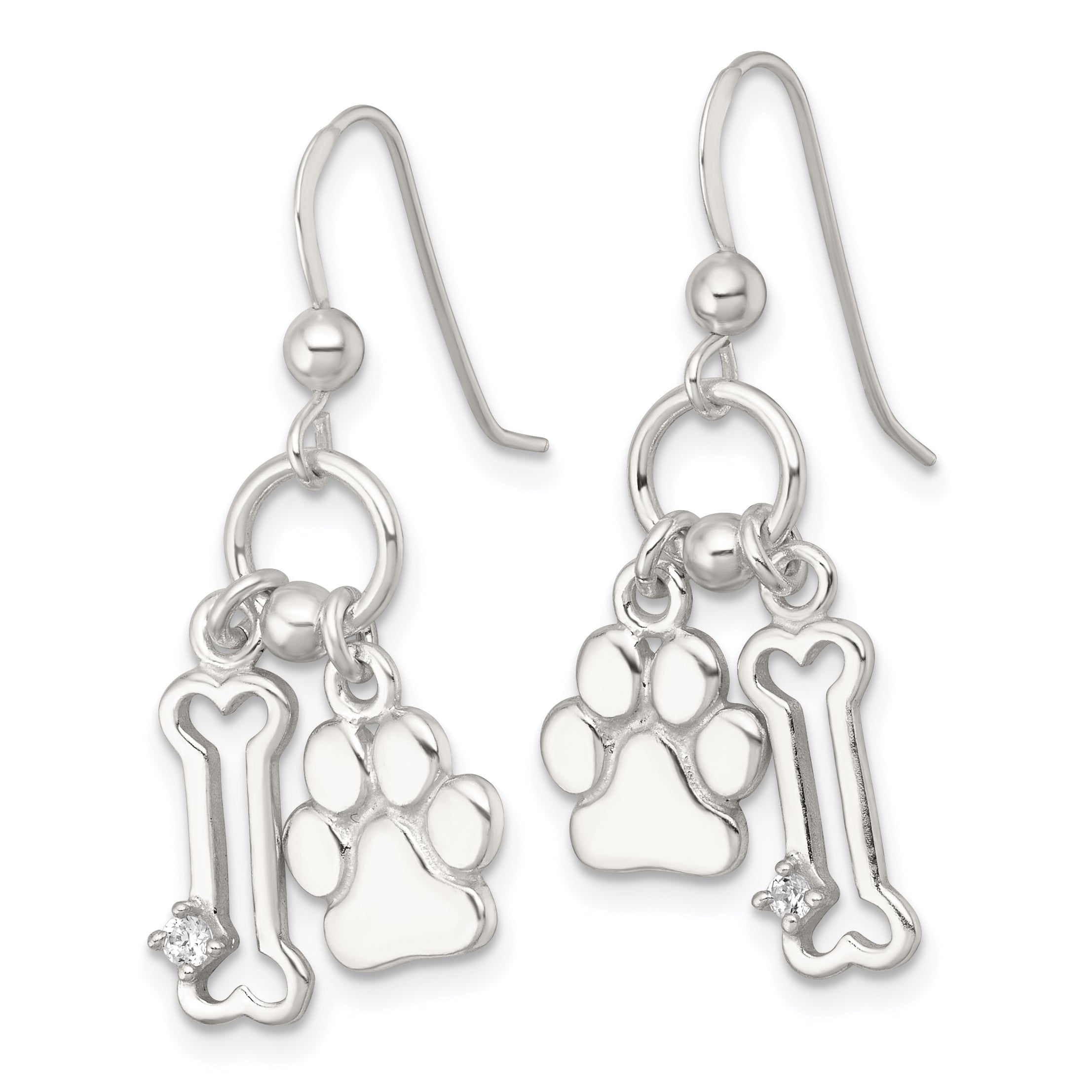 Sterling Silver Polished White CZ Bone and Paw Dangle Shepherd Hook Earrings