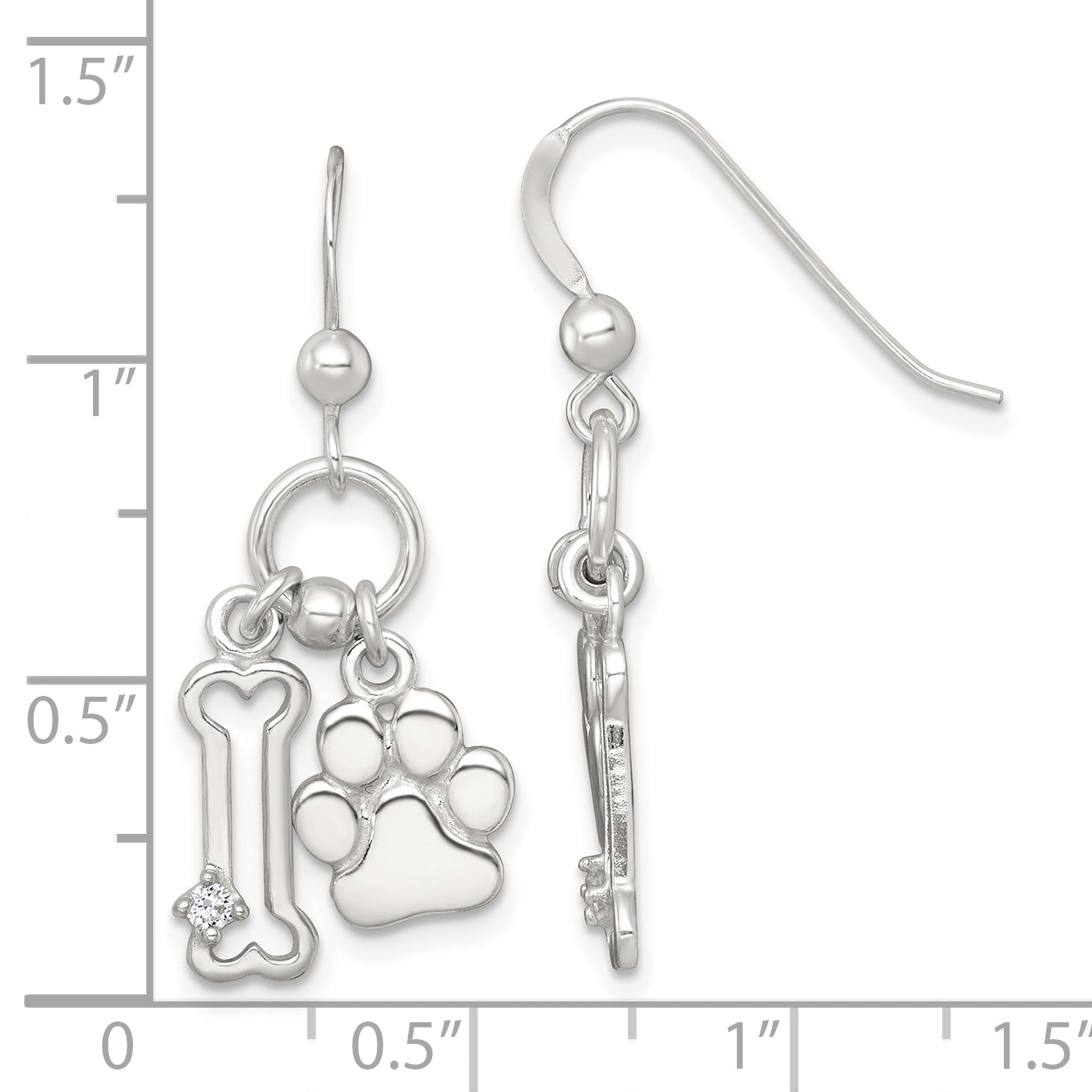 Sterling Silver Polished White CZ Bone and Paw Dangle Shepherd Hook Earrings