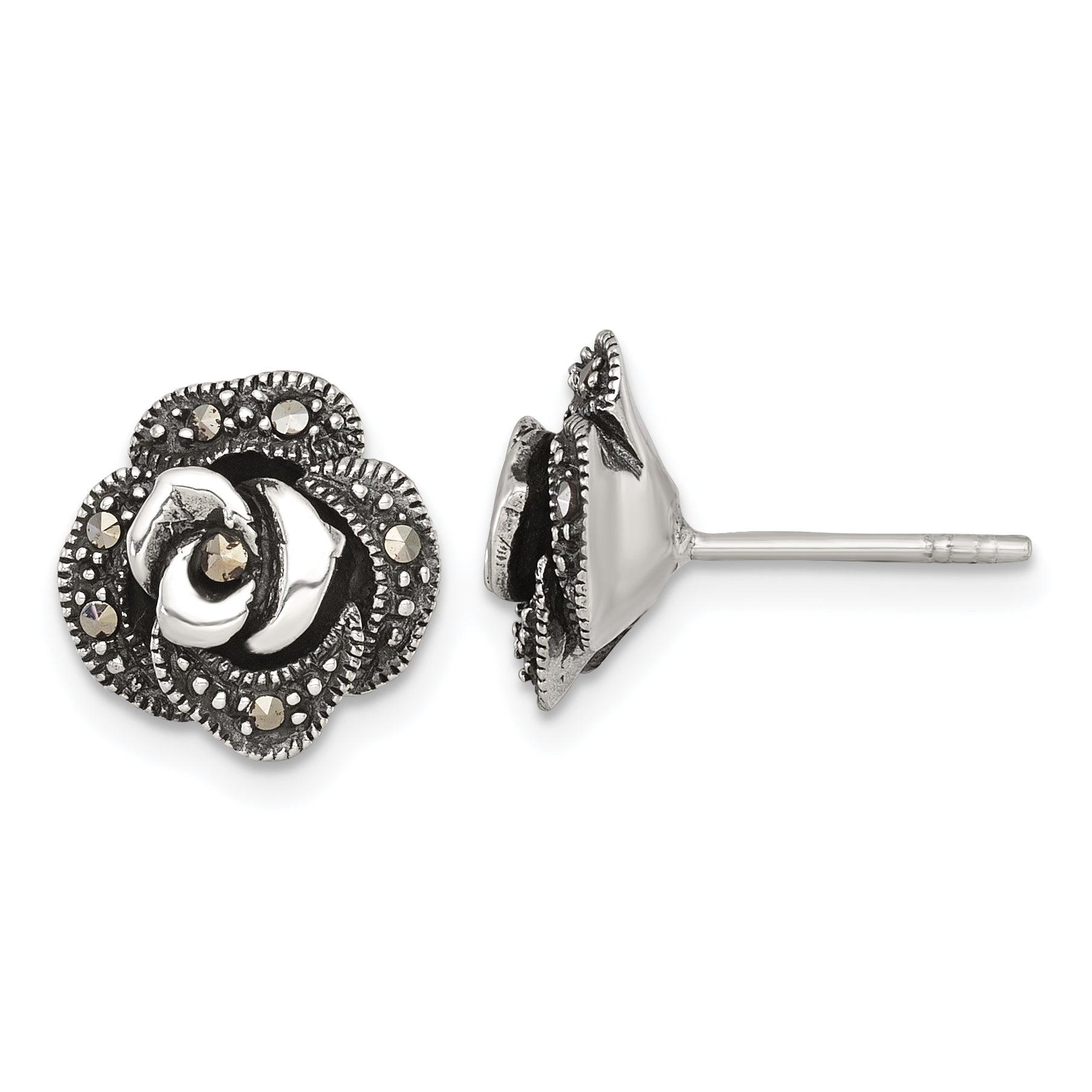 Sterling Silver Antiqued Marcasite Fancy Rose Post Earrings Main image